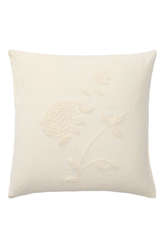 Femme Facon Anne-Mi Linen Embroidered Snow Rose Cushion Ivory Square