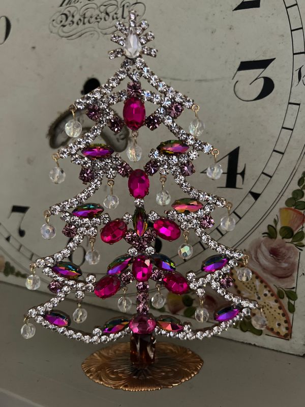 Handmade Glass Christmas Tree Pink Aurora Borealis with Baubles