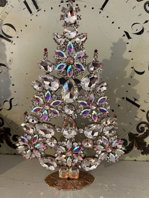 Handmade Glass Christmas Tree Tall Aurora Borealis & Clear Snowflake Design