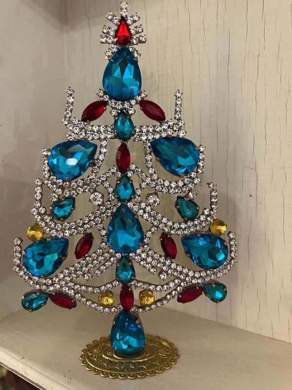 Handmade Glass Christmas Tree Aqua Clear & Red