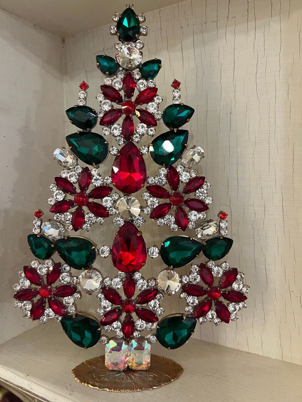 Handmade Glass Christmas Tree Tall Red Green Clear Snowflake Design