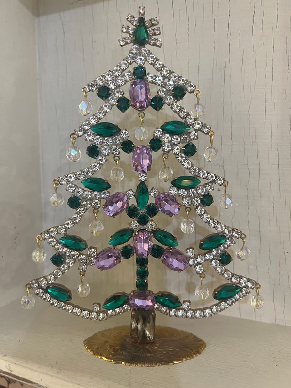 Handmade Glass Christmas Tree Green, Clear & Amethyst with Baubles