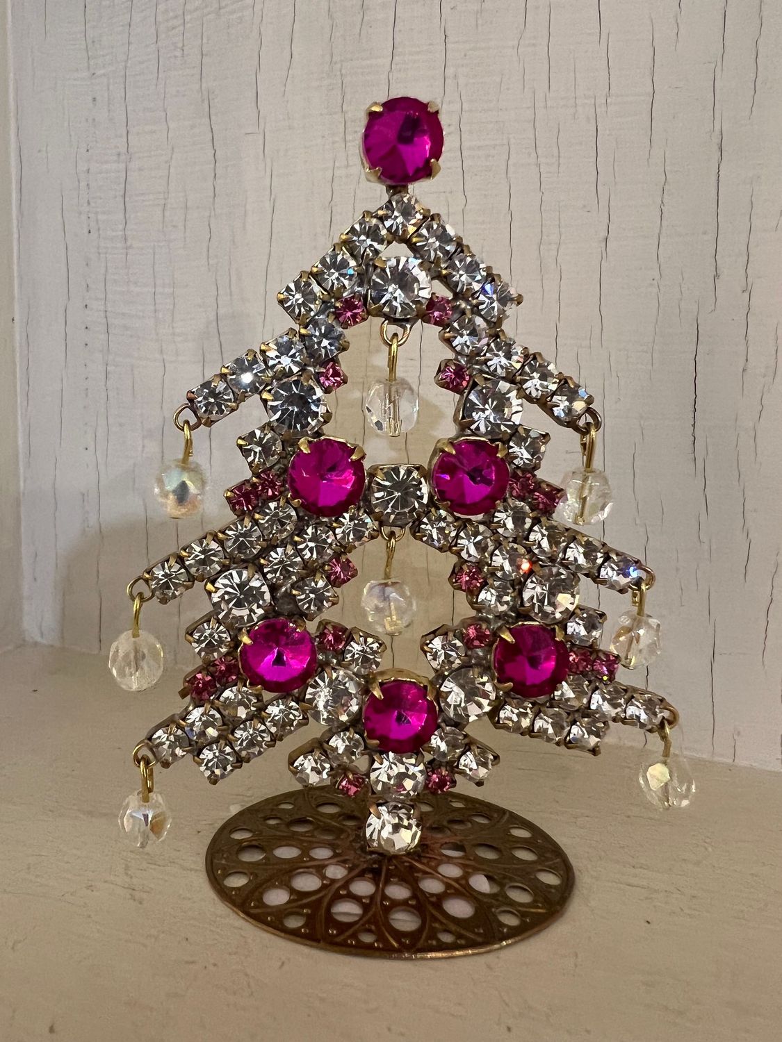 Handmade Crystal Small Christmas Tree Pink & Clear with Baubles