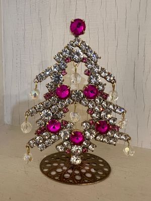 Handmade Crystal Small Christmas Tree Pink & Clear with Baubles Handmade Crystal Small Christmas Tree Pink & Clear with Baubles