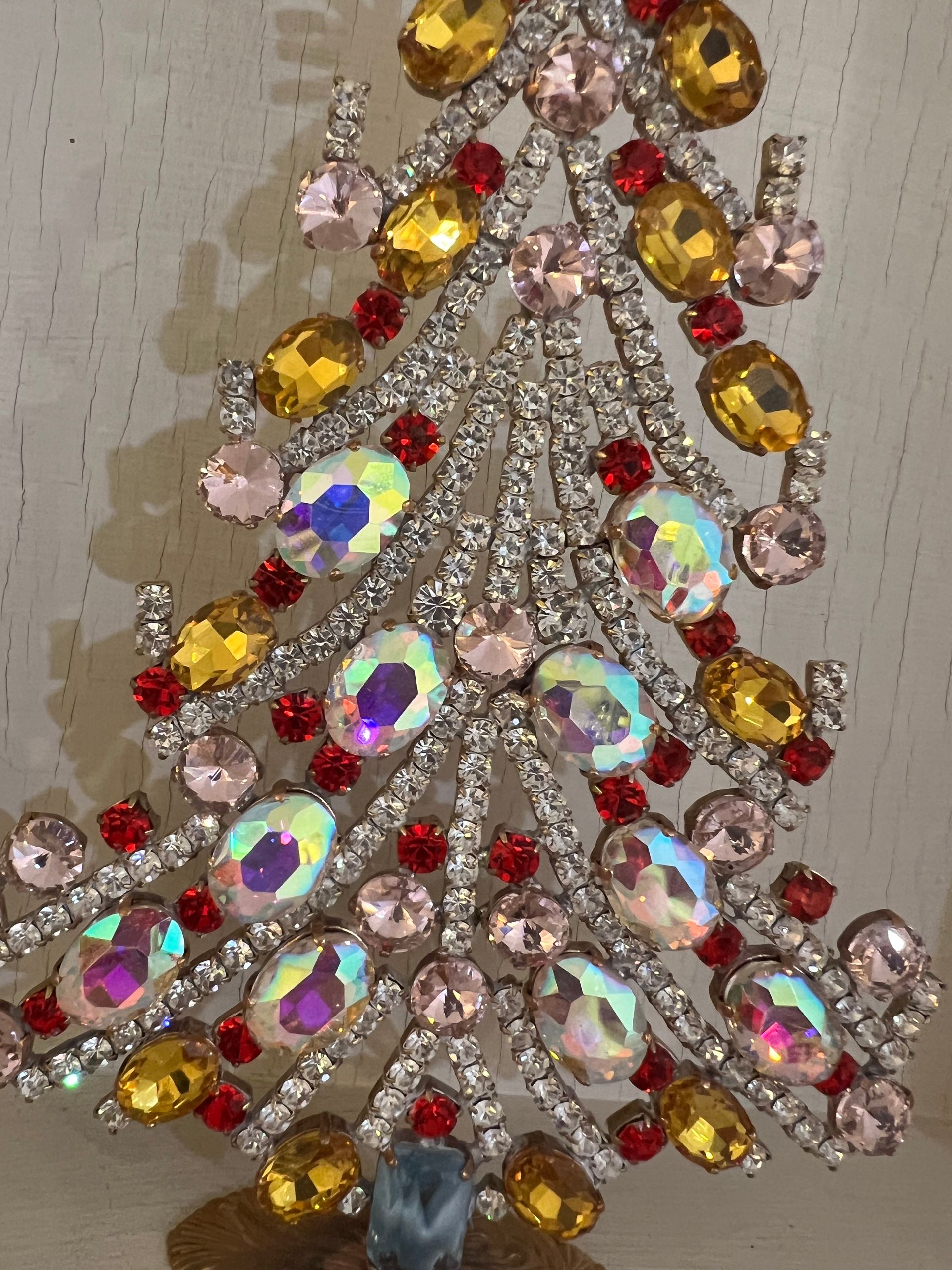 Handmade Glass Christmas Tree Tall Aurora Borealis, Citrine & Red