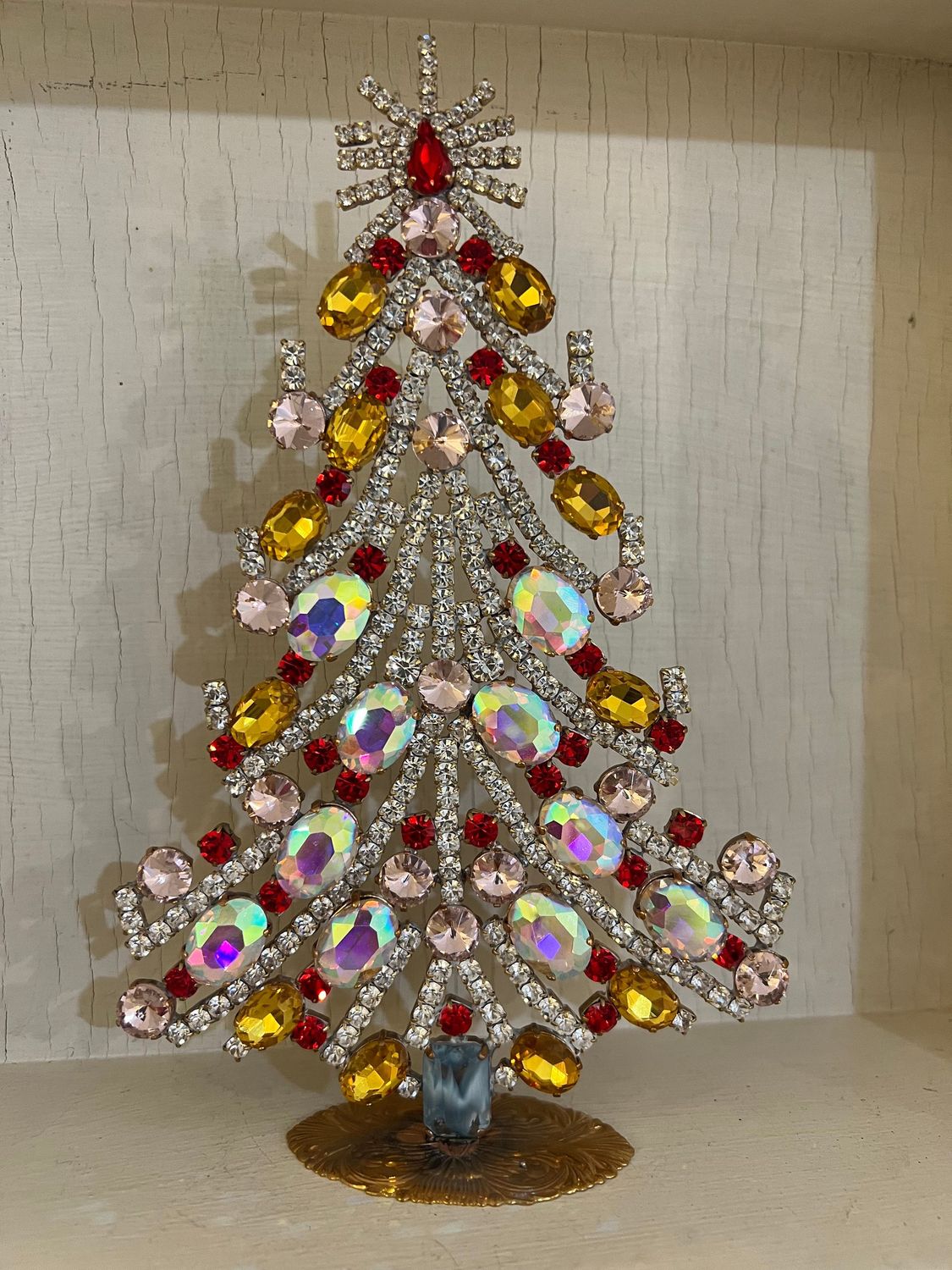 Handmade Glass Christmas Tree Tall Aurora Borealis, Citrine & Red Handmade Glass Christmas Tree Tall Aurora Borealis, Citrine & Red