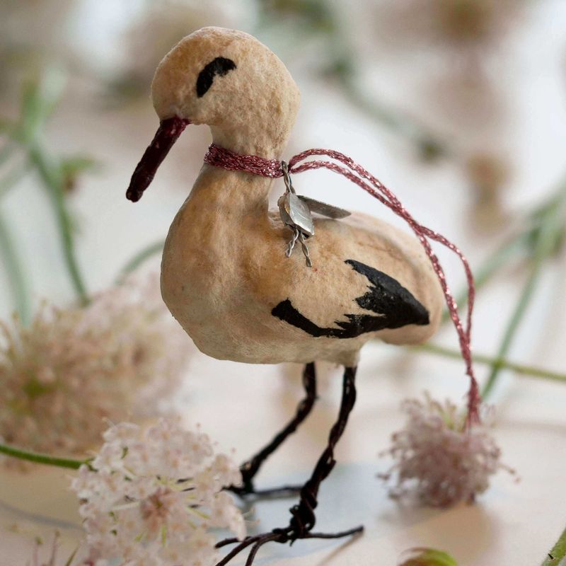 Handmade Spun Paper & Cotton Stork Ornament