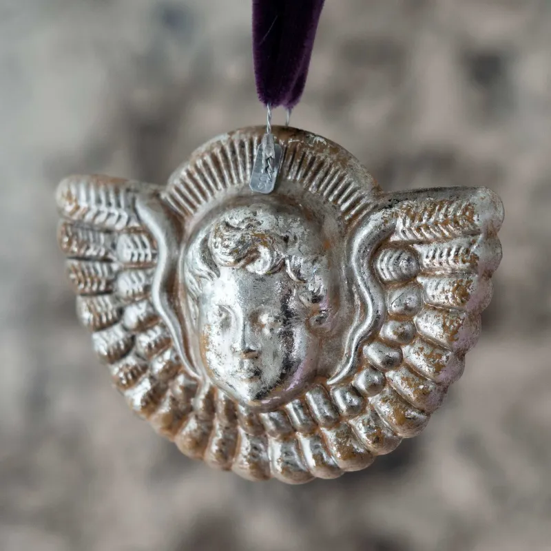 Handmade Silvered Metal Winged Cherub Ornament