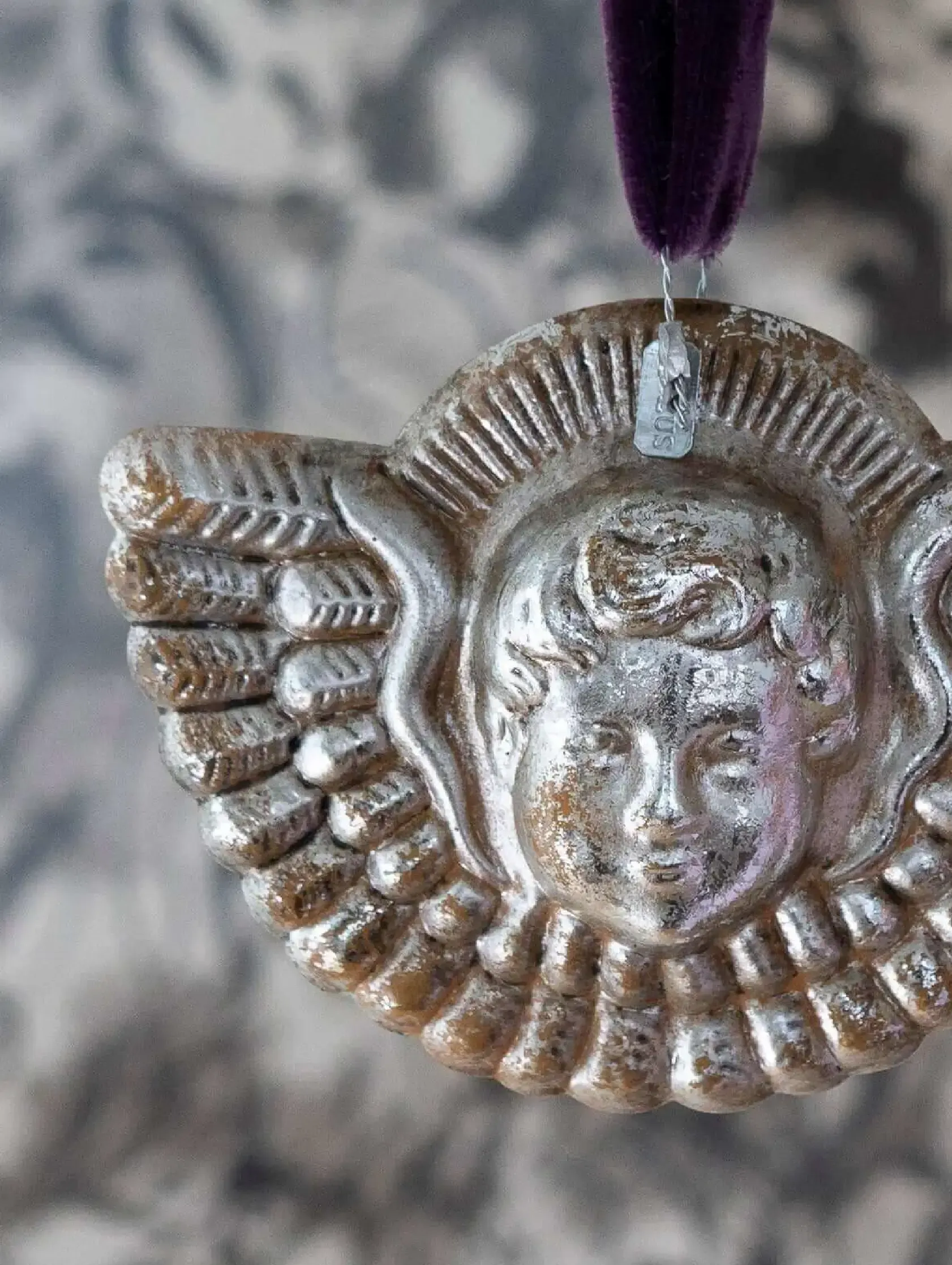 Handmade Silvered Metal Winged Cherub Ornament