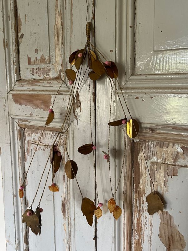 Hand Crafted Pink Beaded Wire & Metal Leaves Christmas Decoration
