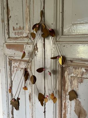 Hand Crafted Pink Beaded Wire & Metal Leaves Christmas Decoration