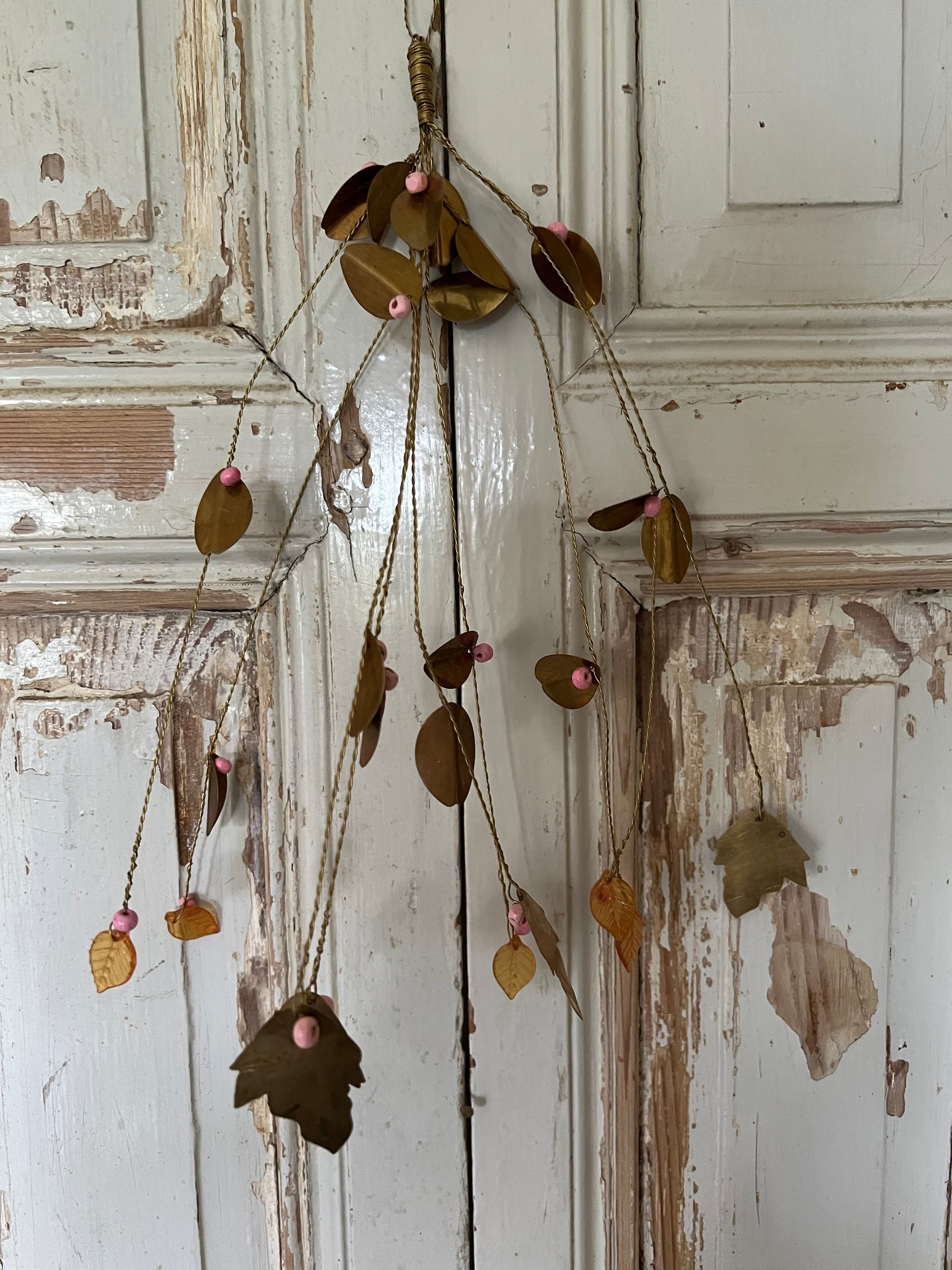 Hand Crafted Pink Beaded Wire & Metal Leaves Christmas Decoration