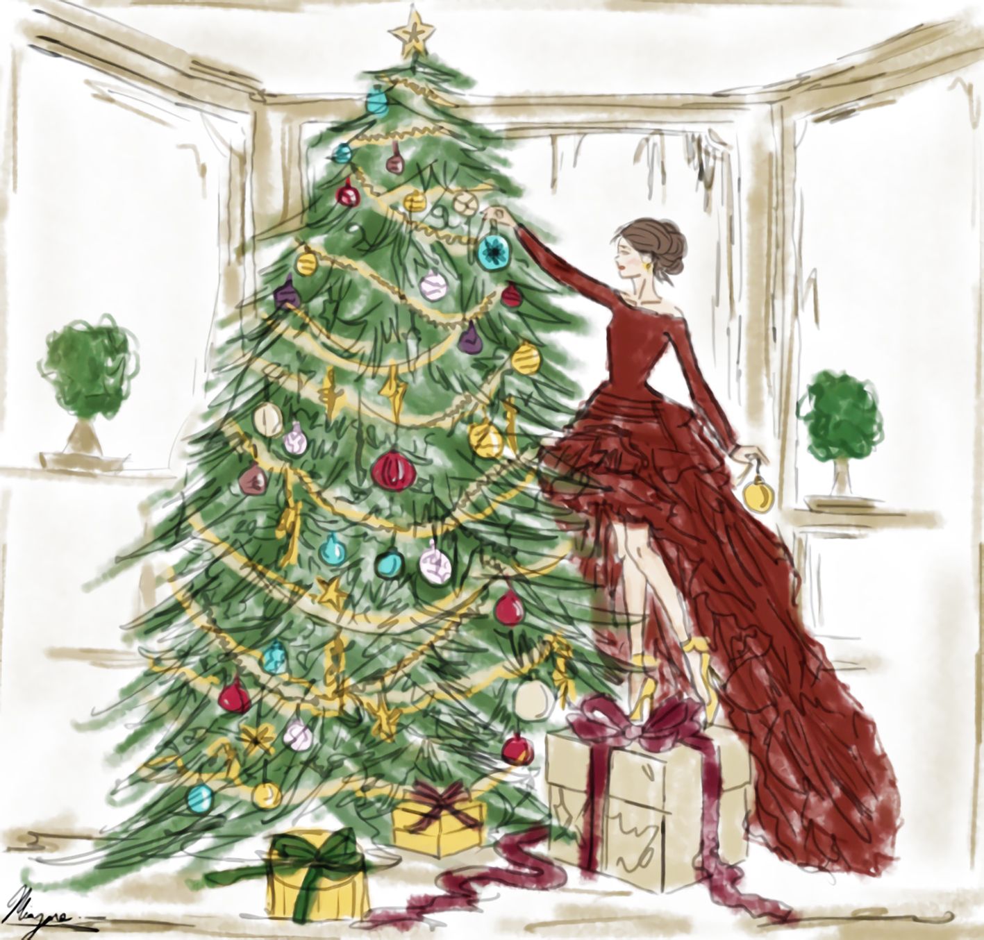 Greeting Card Christmas Decorating The Tree