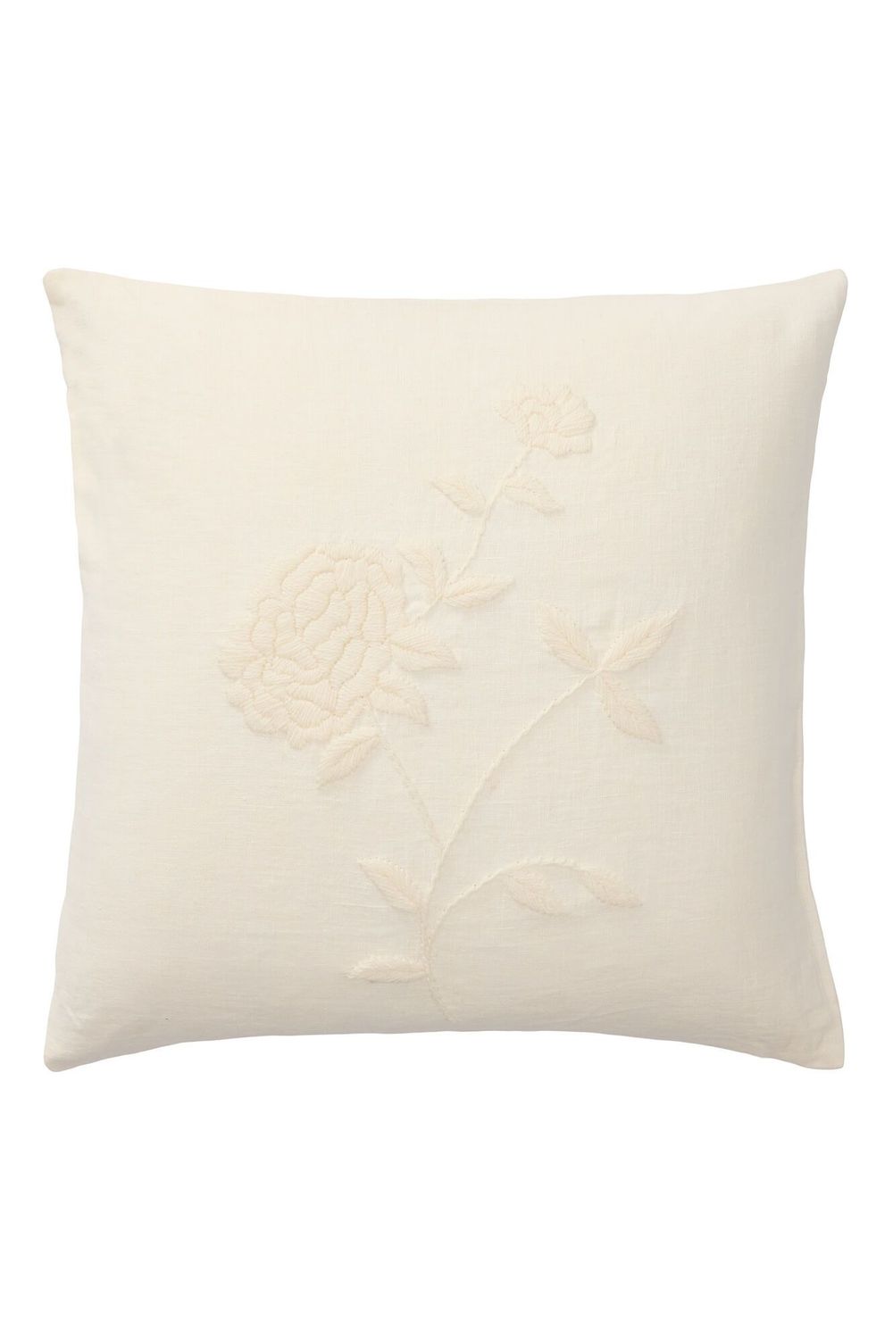 Anne-Mi Linen Embroidered Snow Rose Cushion Ivory Square