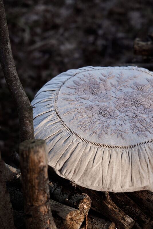 Anne-Mi  Linen Embroidered Cushion Round Natural