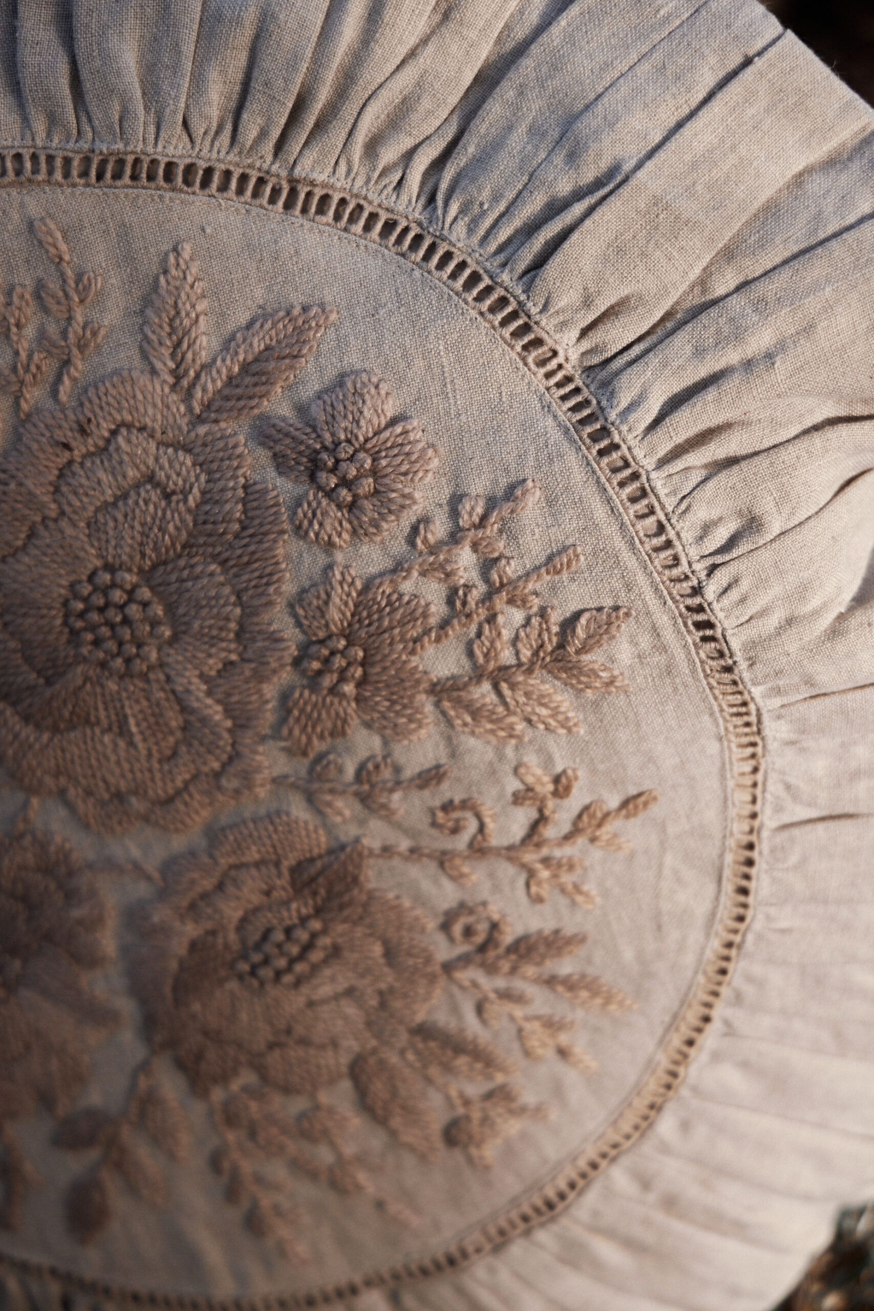 Anne-Mi  Linen Embroidered Cushion Round Natural