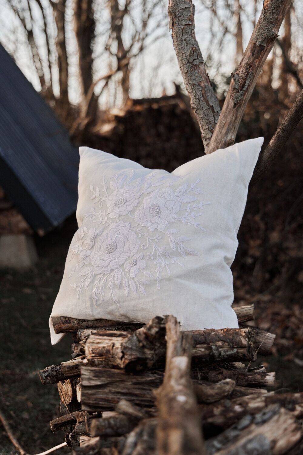 Anne-Mi  Linen Floral  Embroidered Cushion Ivory Square