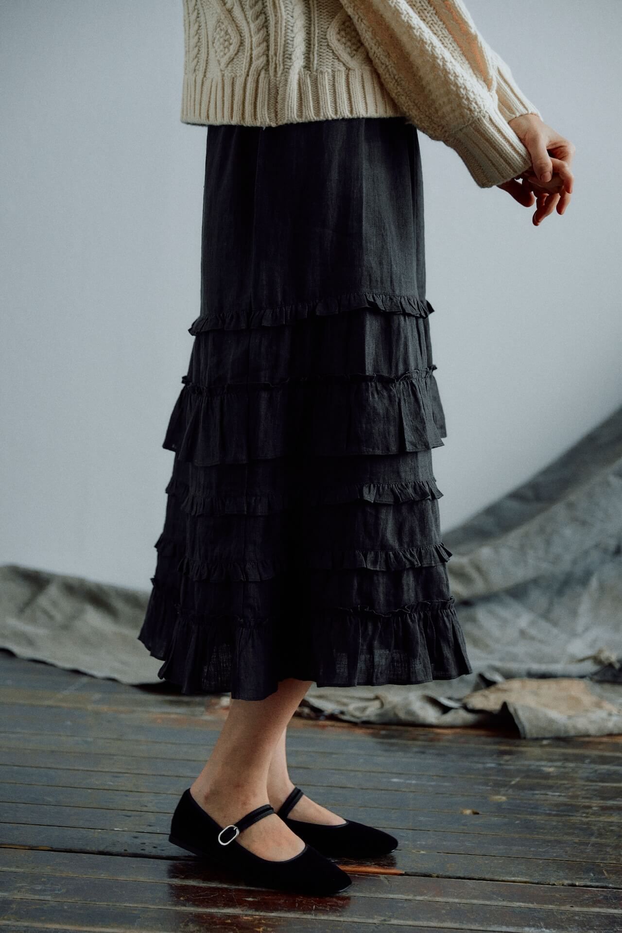Anne-Mi  Flora Black Organic Linen Long Skirt