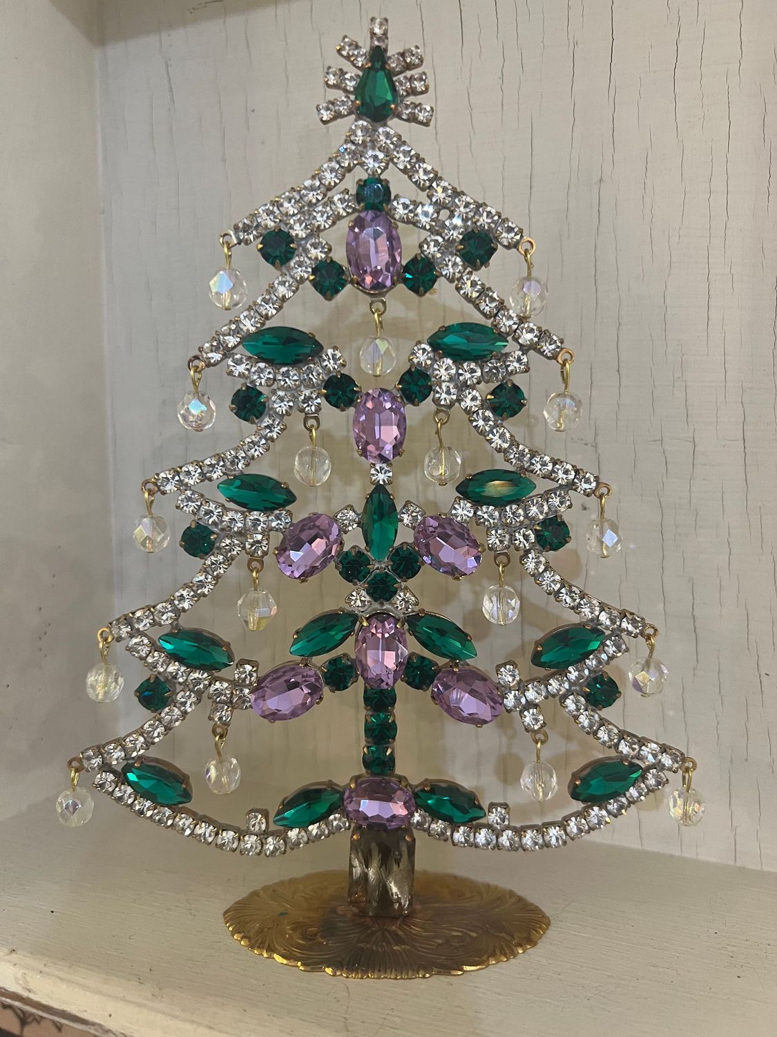 Handmade Glass Christmas Tree Green, Clear & Amethyst with Baubles