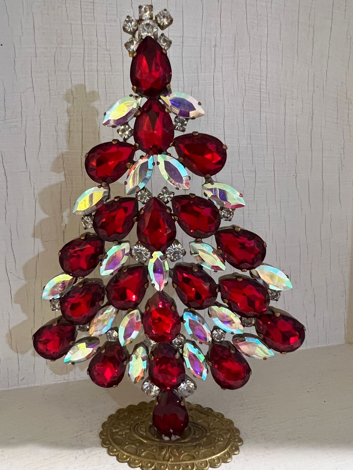 Handmade Glass Christmas Tree Red & Aurora Borealis
