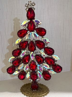 Handmade Glass Christmas Tree Red & Aurora Borealis