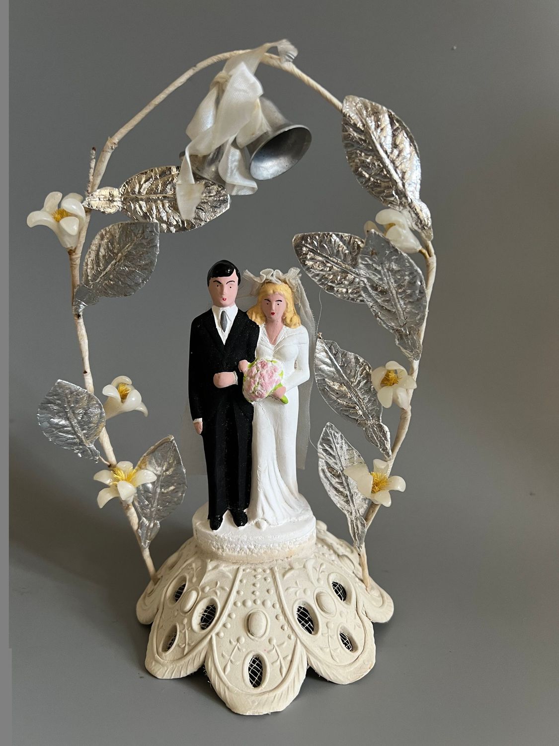 C. 1930's Painted Bisque & Wax Flower Wedding Cake Topper
