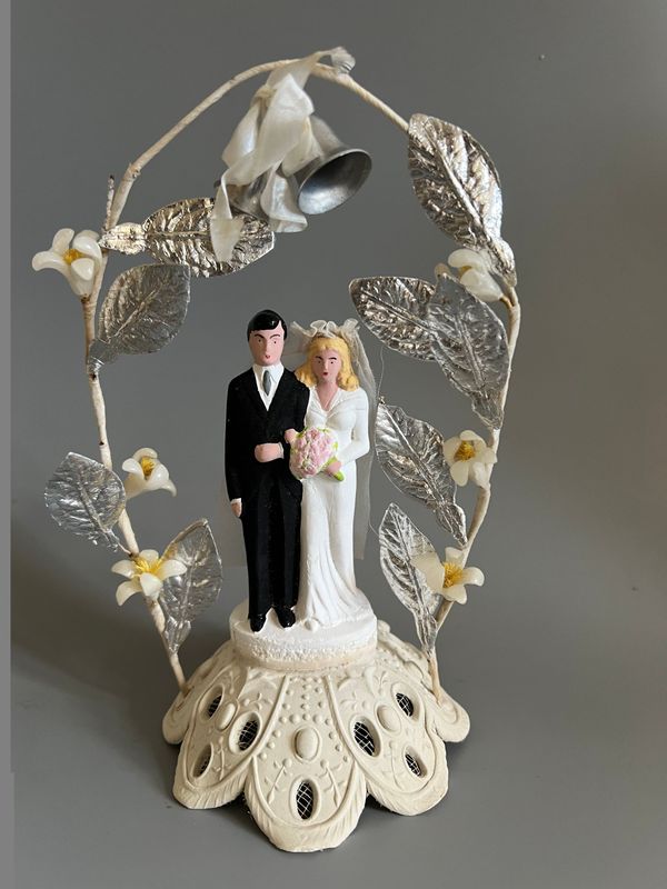 C. 1930's Painted Bisque & Wax Flower Wedding Cake Topper