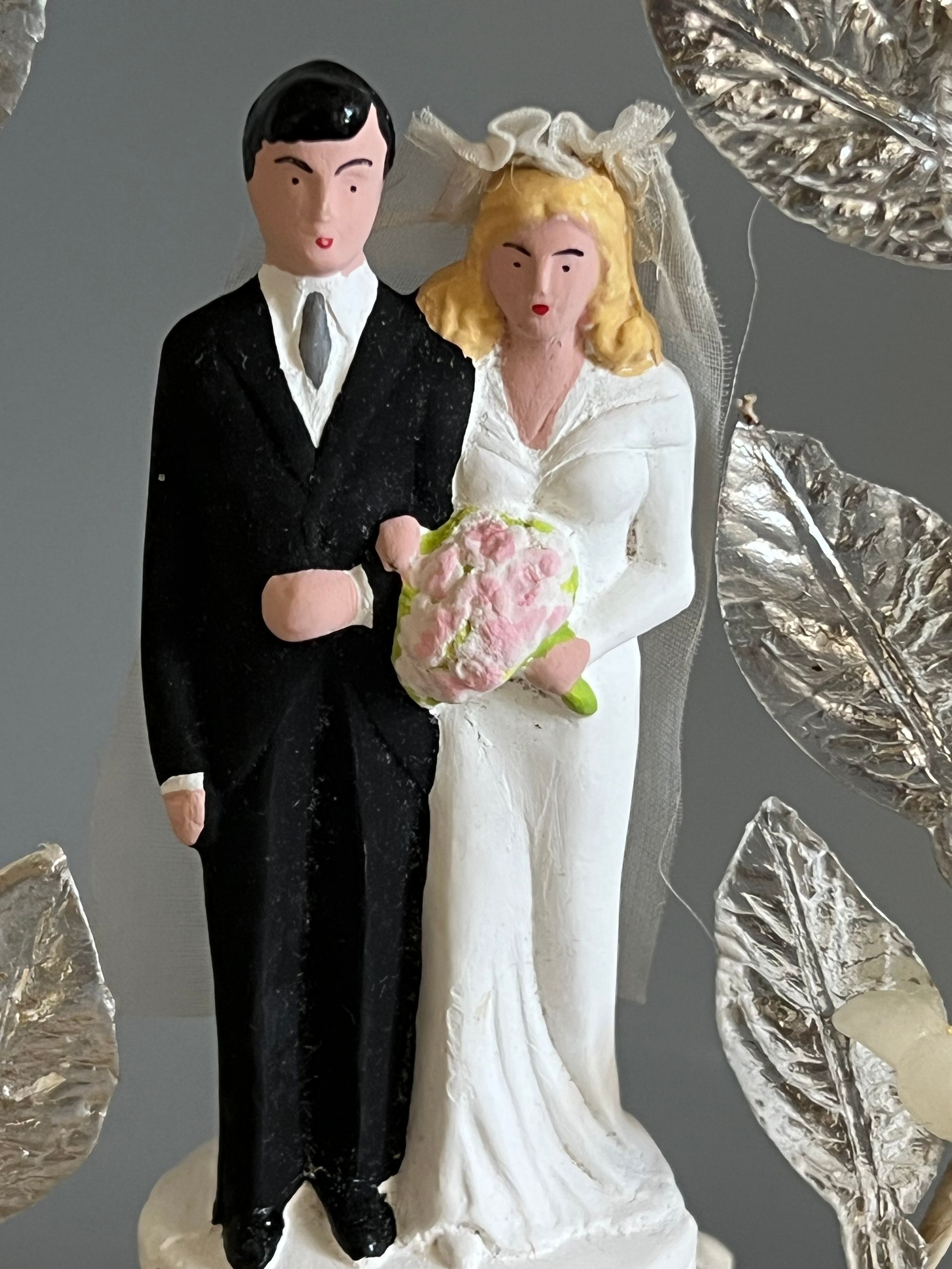 C. 1930's Painted Bisque & Wax Flower Wedding Cake Topper