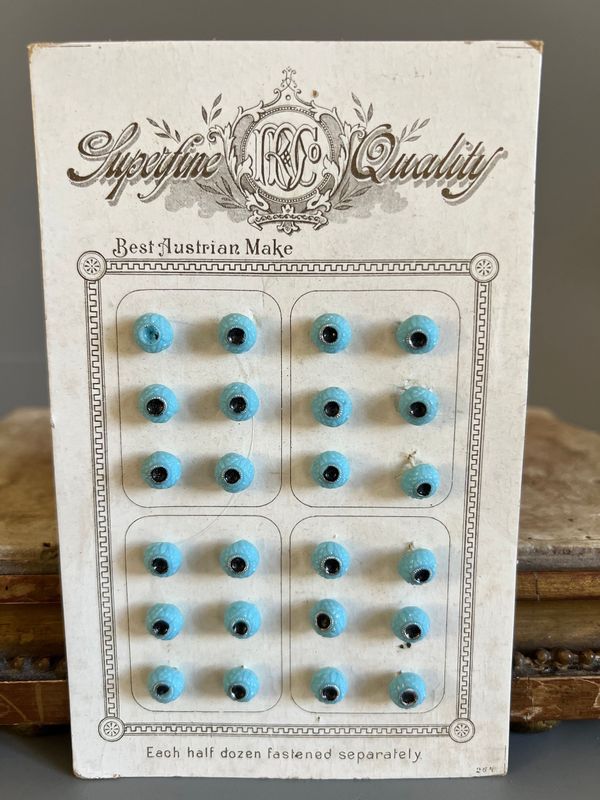 c.1900 24 x Tiny Pale Blue Glass Buttons on Original Card