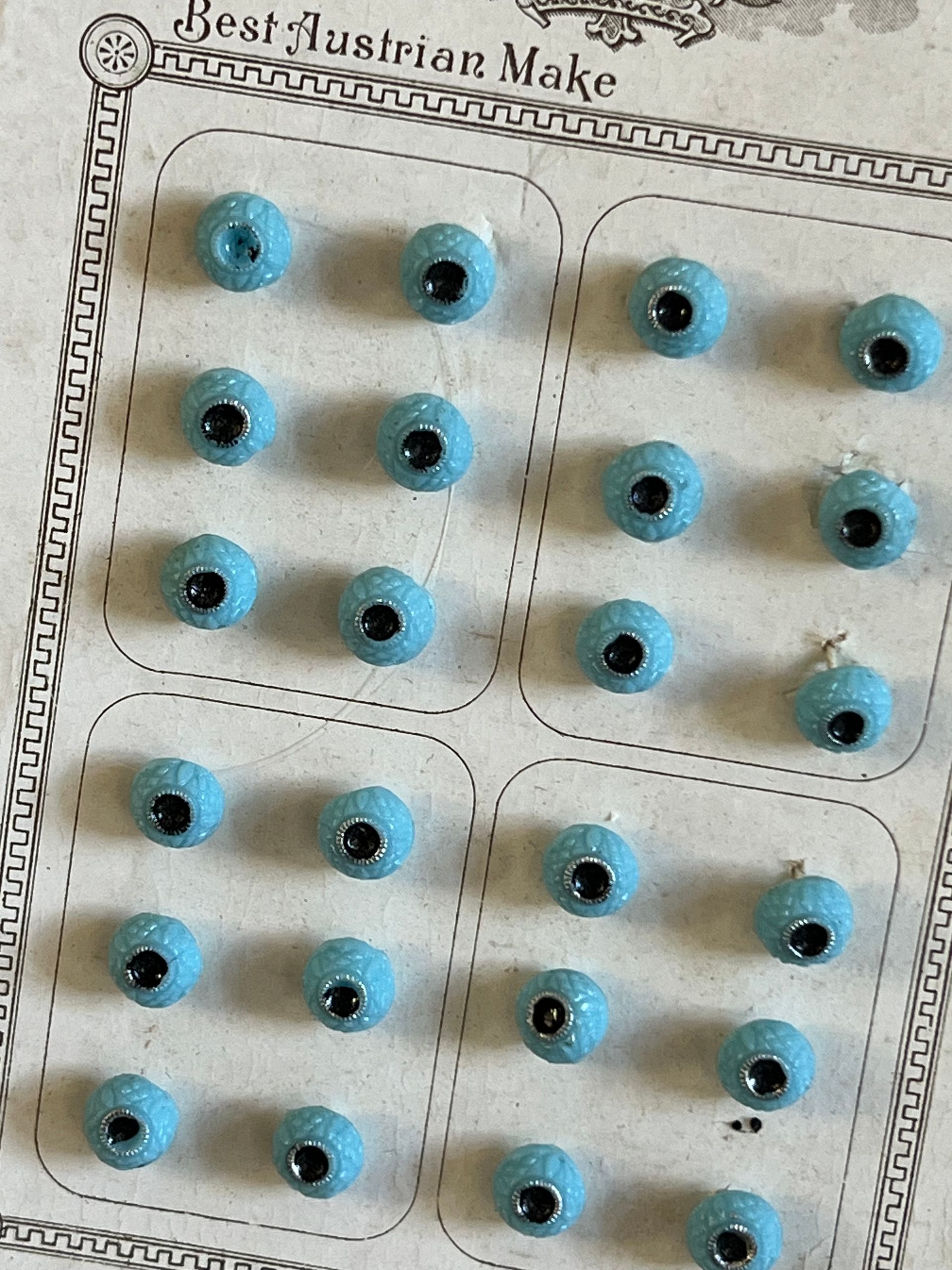 c.1900 24 x Tiny Pale Blue Glass Buttons on Original Card