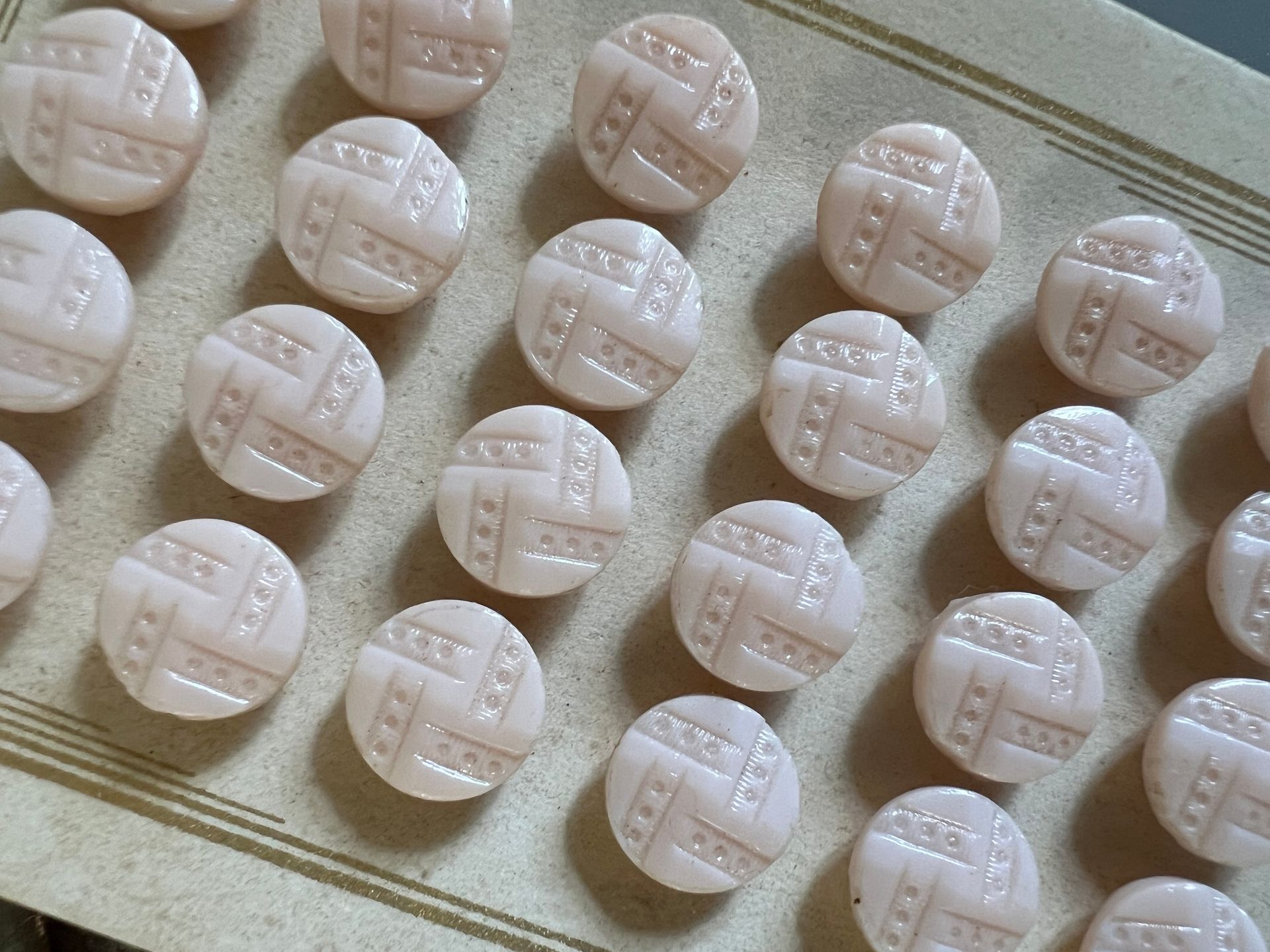 Early 20thc Moulded Glass Buttons on Original Card x 24 Pale Blush Pink