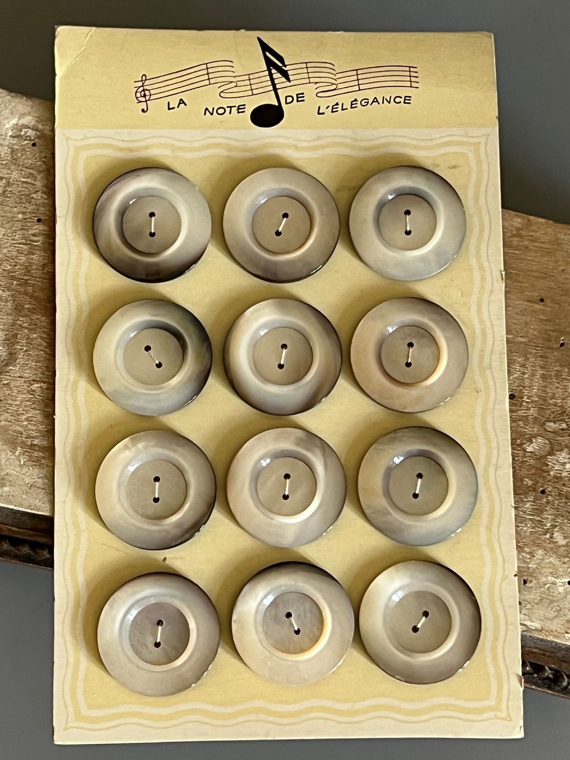 Early 20thc 12 x Large French Smoky Mother of Pearl Buttons on Original Card 3cm Diameter