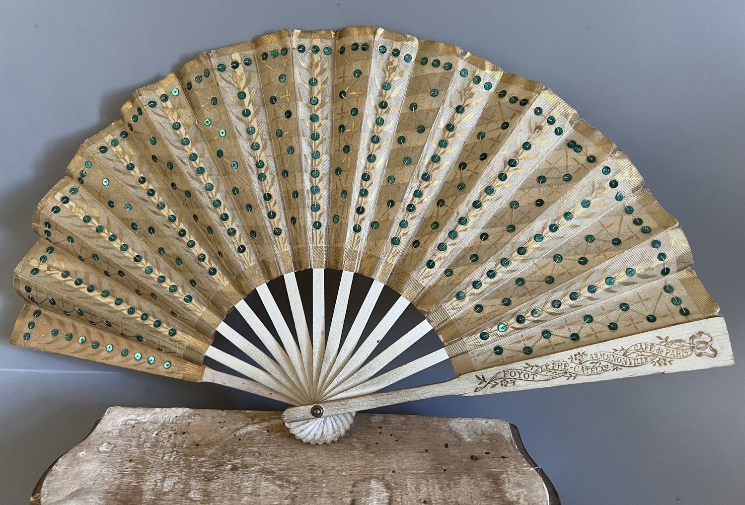 Early 20thc Paper Advertising Fan Sequin Decoration Paris Cafe Early 20thc Paper Advertising Fan Sequin Decoration Paris Cafe