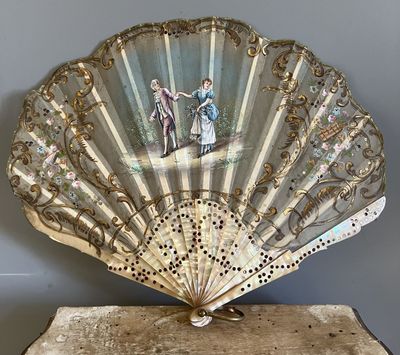 c.1900 Silk Hand Painted Fan Mother of Pearl Sticks