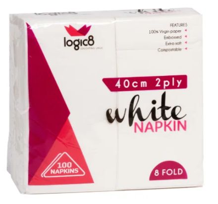 Logic8 2ply White 40cm 8fold Dinner Napkins (20x100)