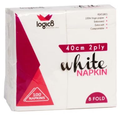 Logic8 2ply White 40cm 8fold Dinner Napkins (20x100)