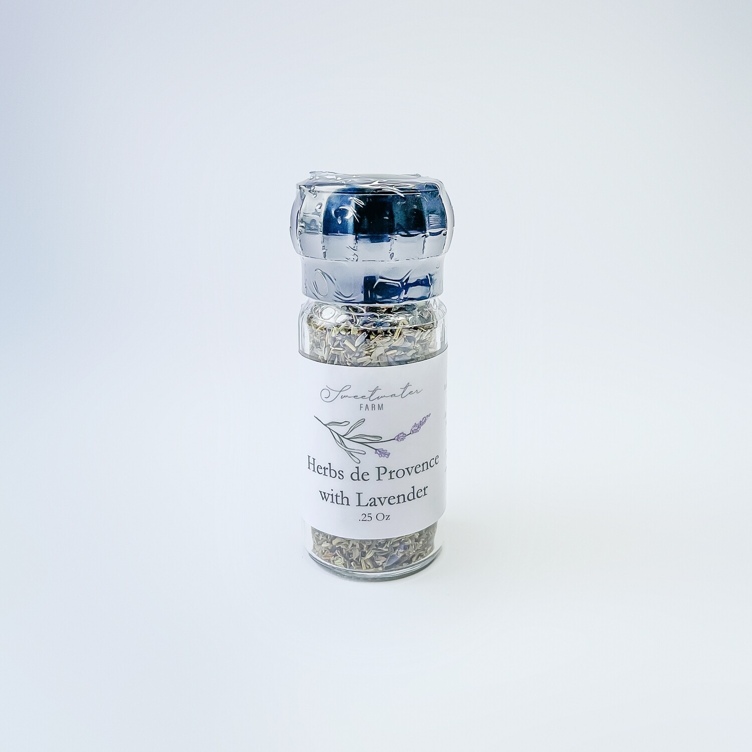 Lavender-infused Herbs de Provence in glass grinder jar