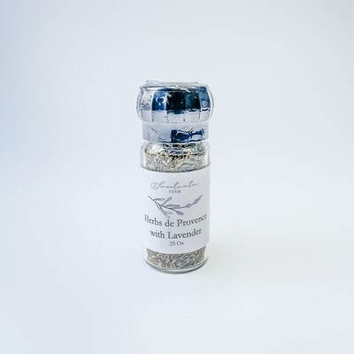 Lavender-infused Herbs de Provence in glass grinder jar