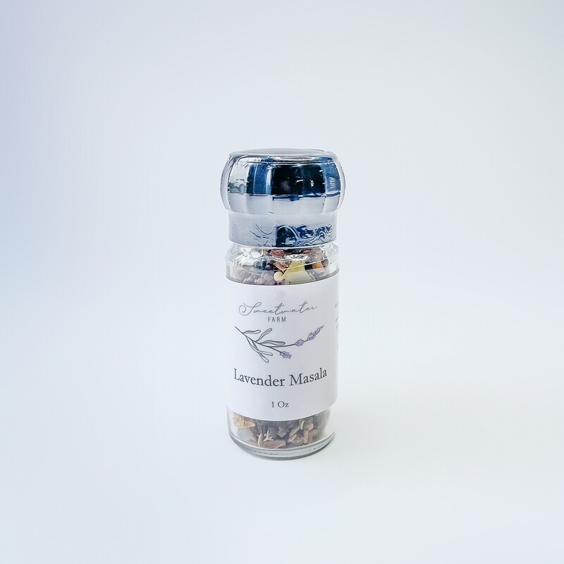 Gourmet lavender masala spice blend in glass grinder