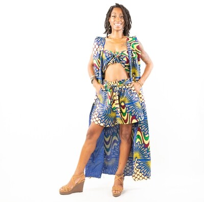 Peacockish - Sleeveless African Print Duster  & Shorts Set