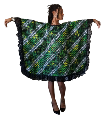Lemon Lime African Print Lace Bat Wing Dress