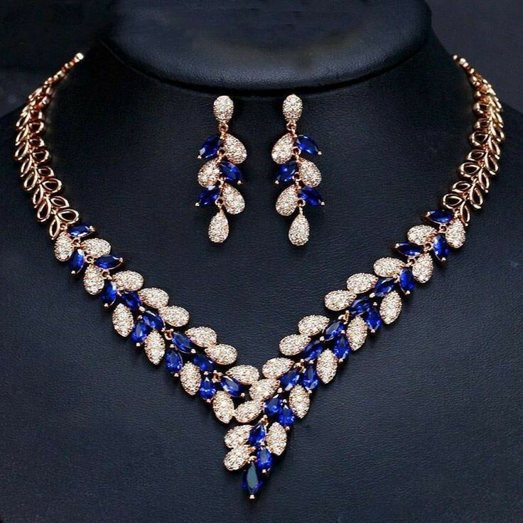 Fashion Women Blue Crystal Earrings Necklace For wedding