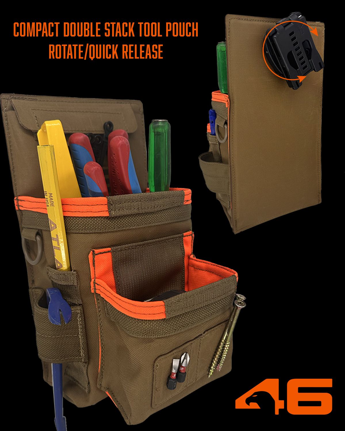 Compact Double Stack Tool Pouch ROTATE/QUICK RELEASE, Color: Coyote/ Hi Viz Orange