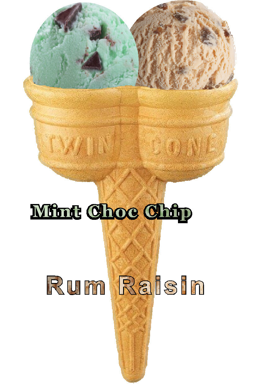 Hard Scooped mint and rum &amp; raisin 
Ice Cream Twin Cone
