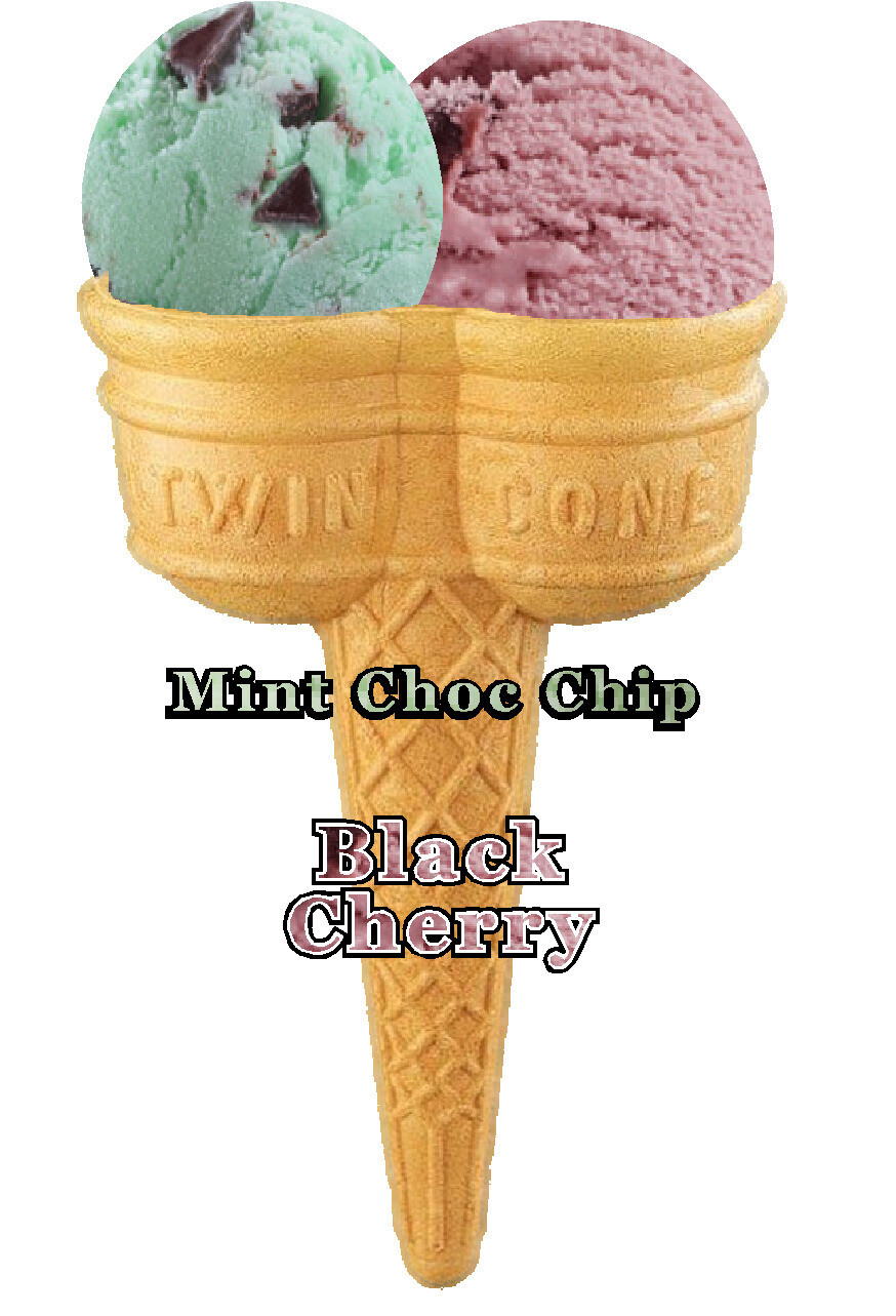 Hard Scooped mint and black cherry 
Ice Cream Twin Cone