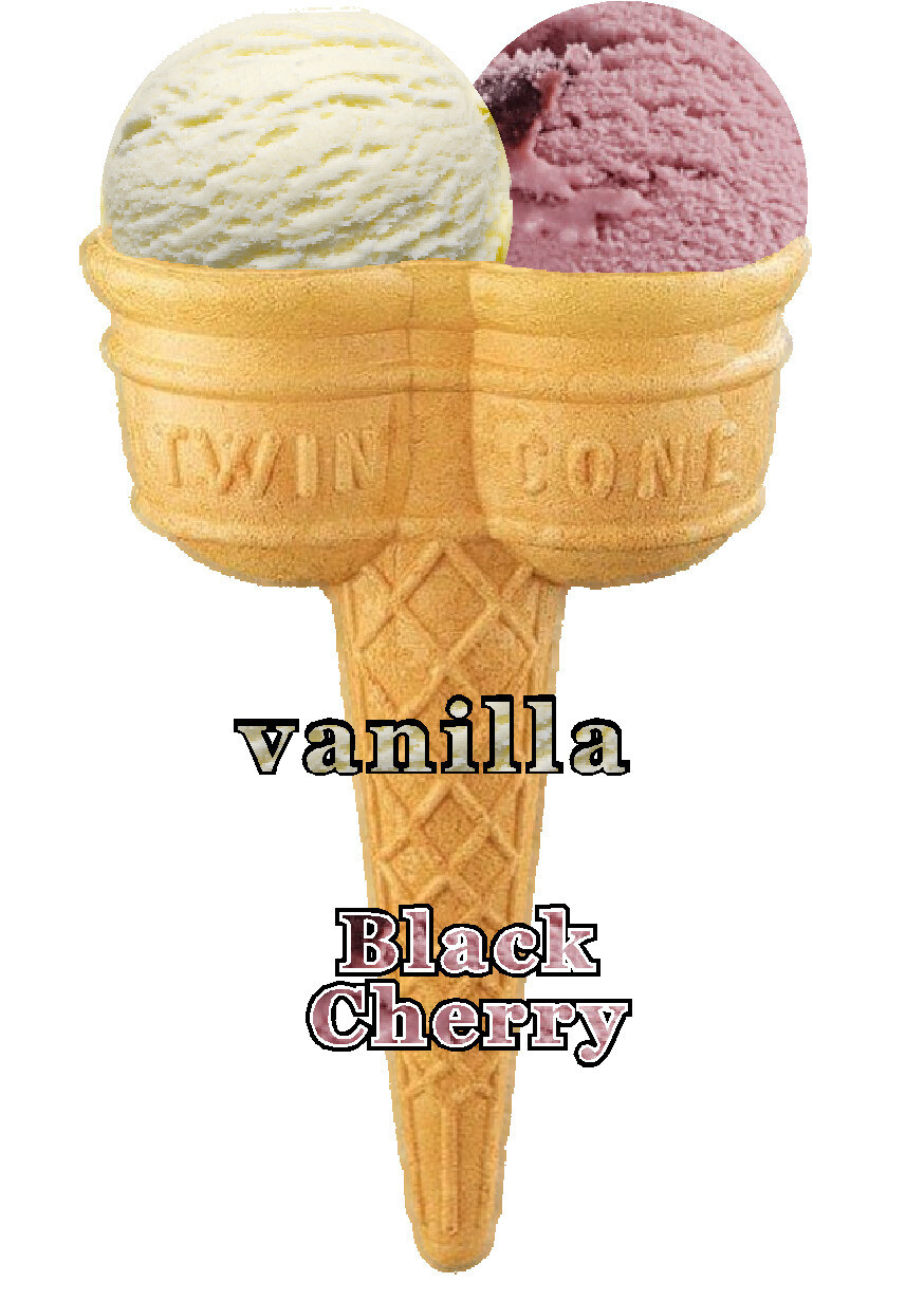 Hard Scooped  vanilla  and  black cherry
Ice Cream Twin Cone
