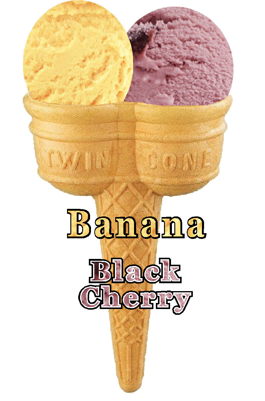 Hard Scooped  banana  and black cherry 

Ice Cream Twin Cone
