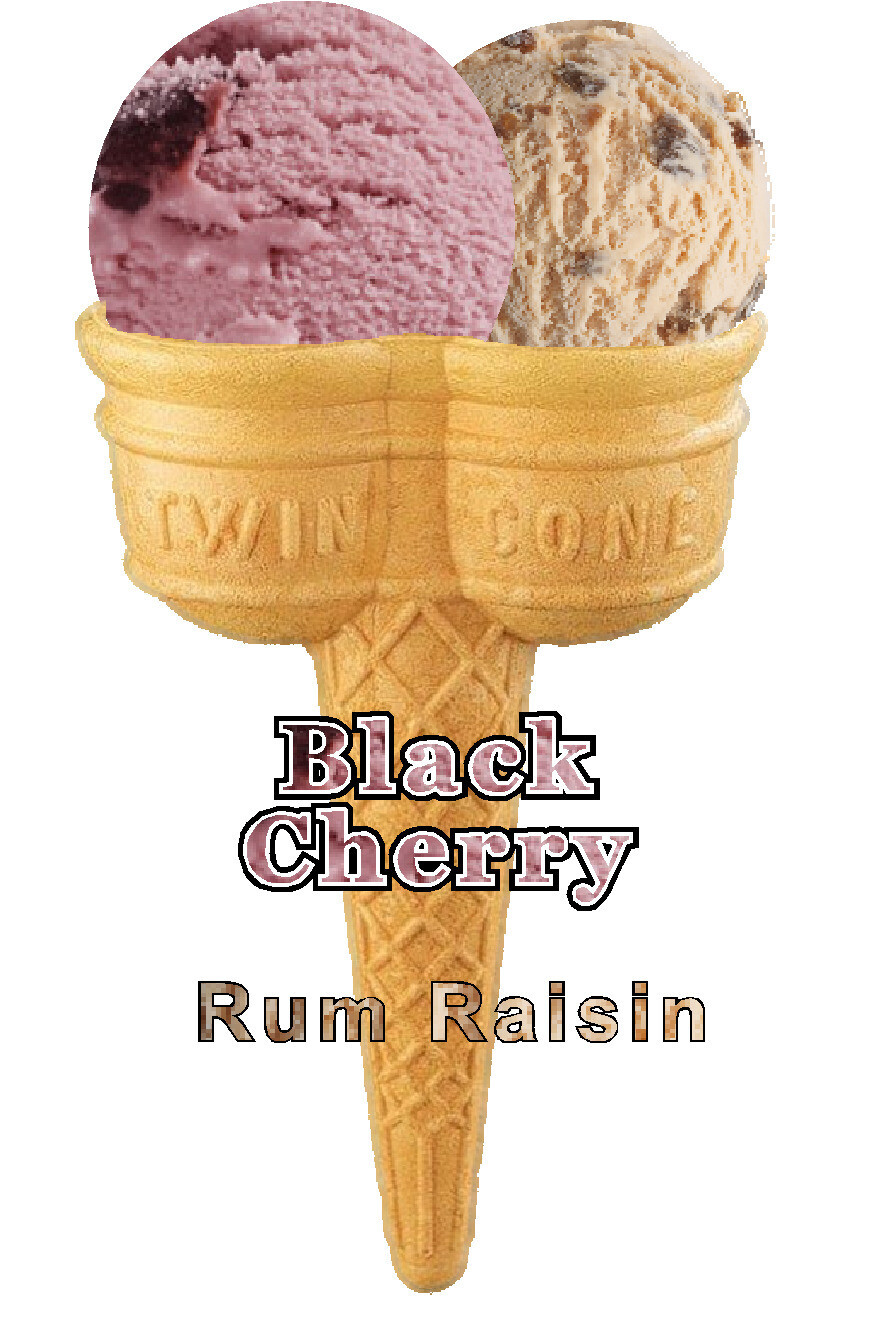 Hard Scooped black cherry and rum and raisin 

Ice Cream Twin Cone