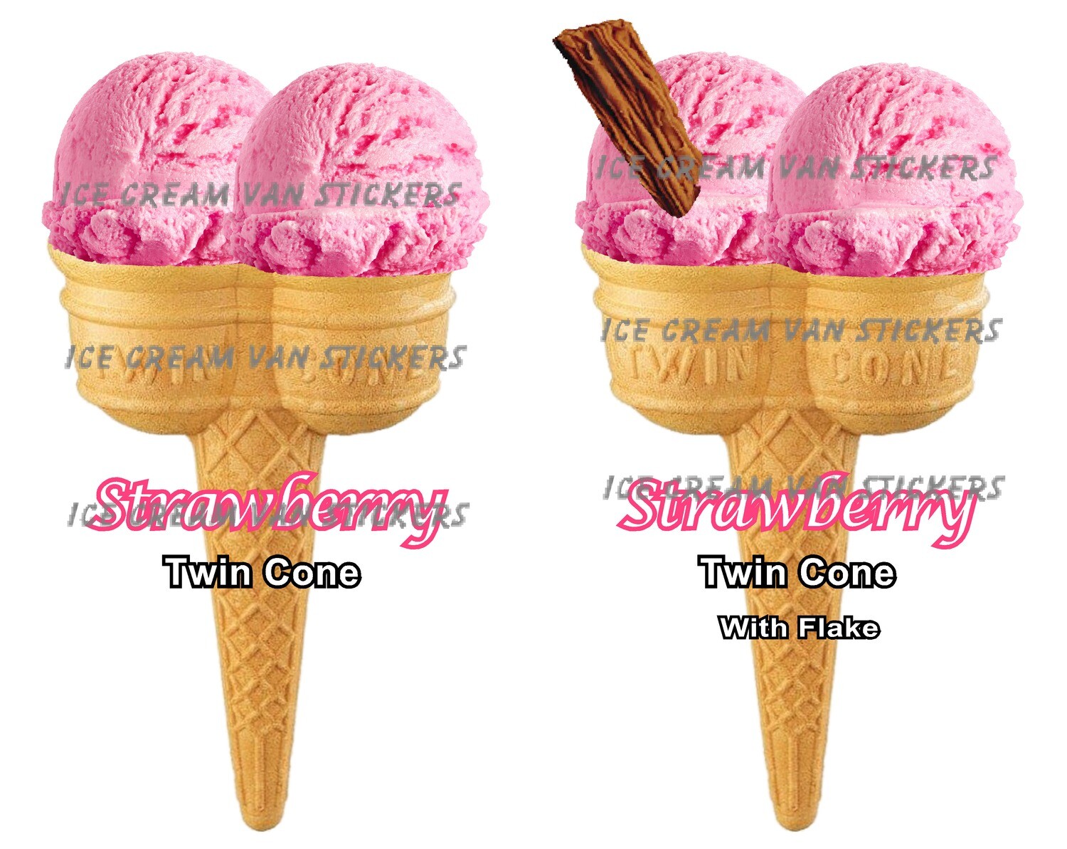 Hard Scooped Strawberry Ice Cream double cone  and double cone with flake 2 individual stickers