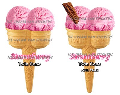 Hard Scooped Strawberry Ice Cream double cone  and double cone with flake 2 individual stickers